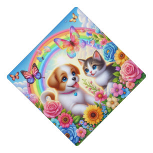 Cute/whimsical puppy/kitten rainbow graduation cap topper