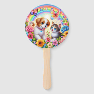 Cute/whimsical puppy/kitten rainbow hand fan