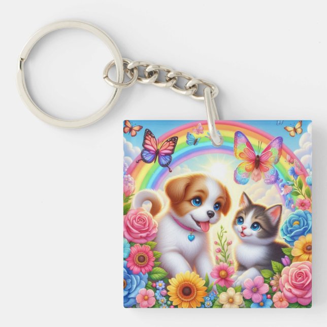 Cute/whimsical puppy/kitten rainbow keychain (Front)