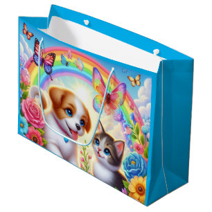 Cute/whimsical puppy/kitten rainbow large gift bag