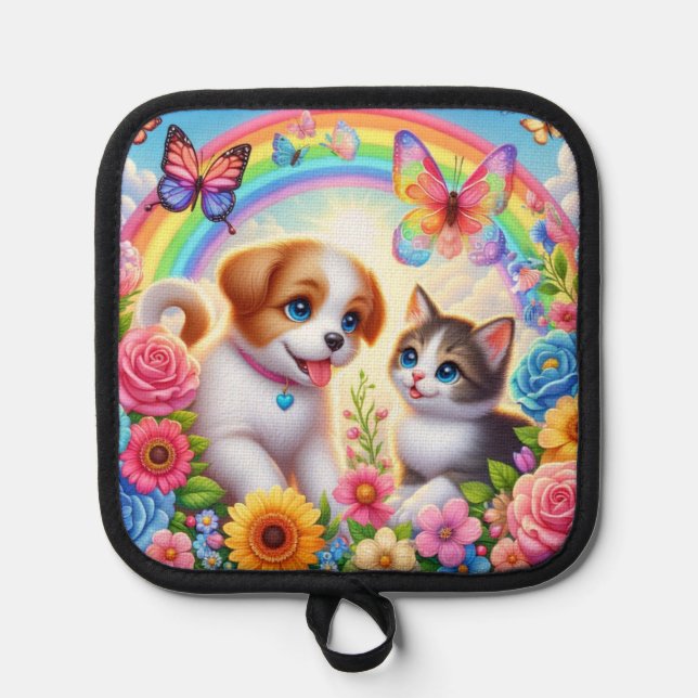 Cute/whimsical puppy/kitten rainbow pot holder (Front)