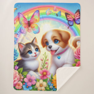 Cute/whimsical puppy/kitten rainbow sherpa blanket