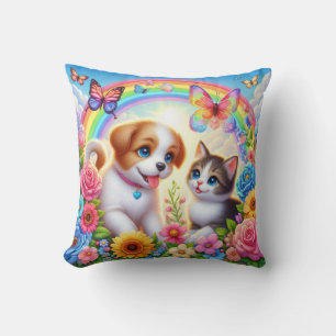 Cute/whimsical puppy/kitten rainbow throw pillow