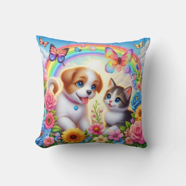 Cute/whimsical puppy/kitten rainbow throw pillow (Front)