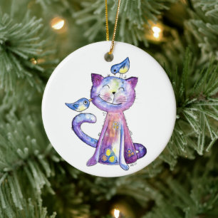 Cute Whimsical Purple Cat with Birds Ceramic Ornament