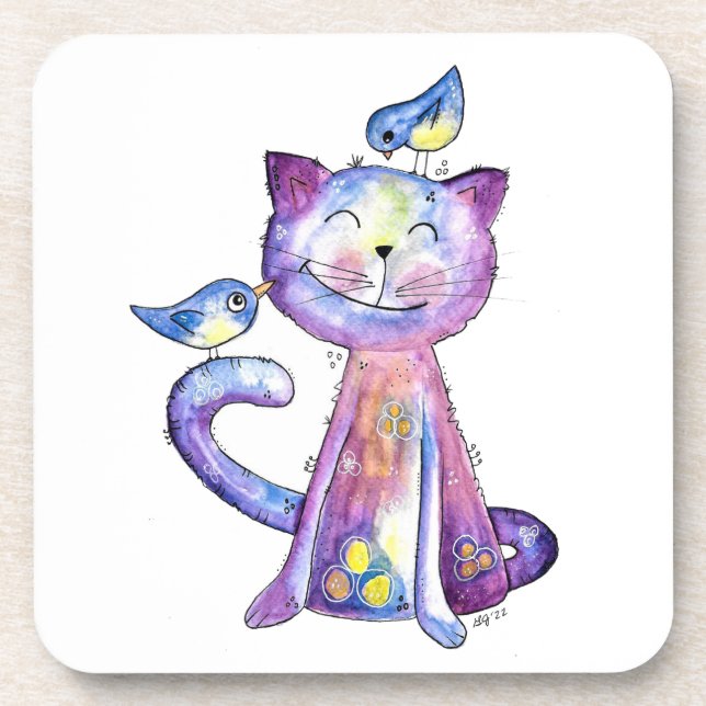Cute Whimsical Purple Cat with Birds Coaster (Front)