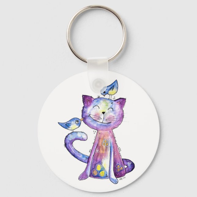 Cute Whimsical Purple Cat with Birds Keychain (Front)