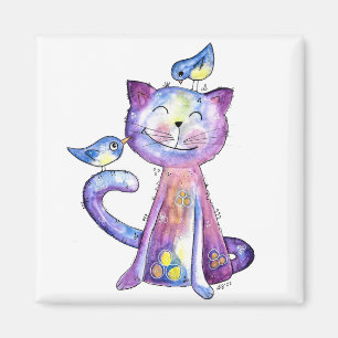 Cute Whimsical Purple Cat with Birds Magnet