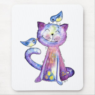 Cute Whimsical Purple Cat with Birds Mouse Pad
