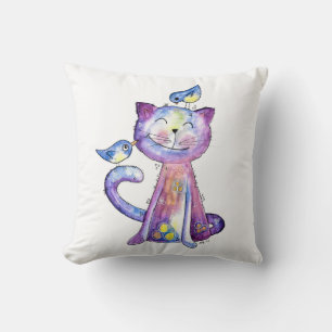 Cute Whimsical Purple Cat with Birds Throw Pillow