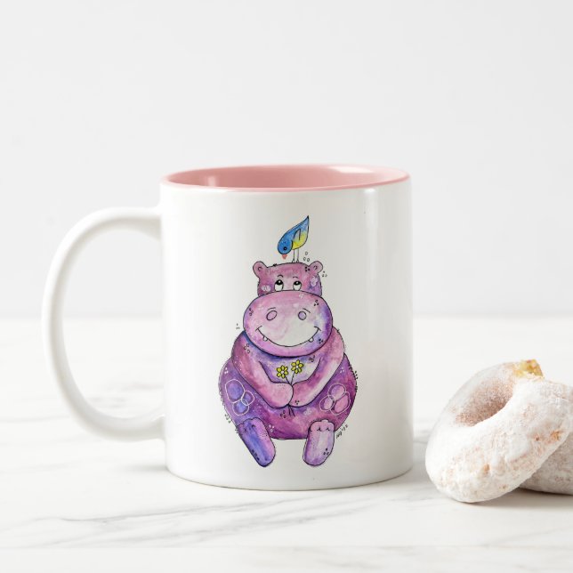 Cute Whimsical Purple Hippo Two-Tone Coffee Mug (With Donut)