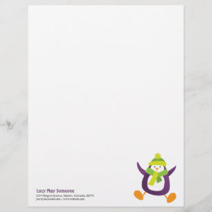 Cute Whimsical Purple Penguin Personalizable Lette Letterhead