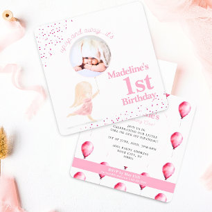 Cute Whimsical Rabbit Girl 1st Birthday Pink Photo Invitation