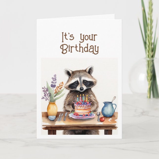 Cute Whimsical Raccoon Birthday Eat the Cake Holiday Card (Front)