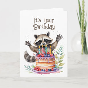 Cute Whimsical Raccoon Birthday Eat the Cake Holiday Card