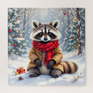 Cute Whimsical Raccoon Christmas Personalized Jigsaw Puzzle