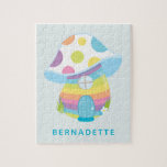 Cute Whimsical Rainbow Mushroom House Blue Name Jigsaw Puzzle<br><div class="desc">This cute puzzle features a whimsical rainbow fairy mushroom house illustration in teal blue,  yellow,  and pink. Personalize it with your name. Great gift idea.</div>