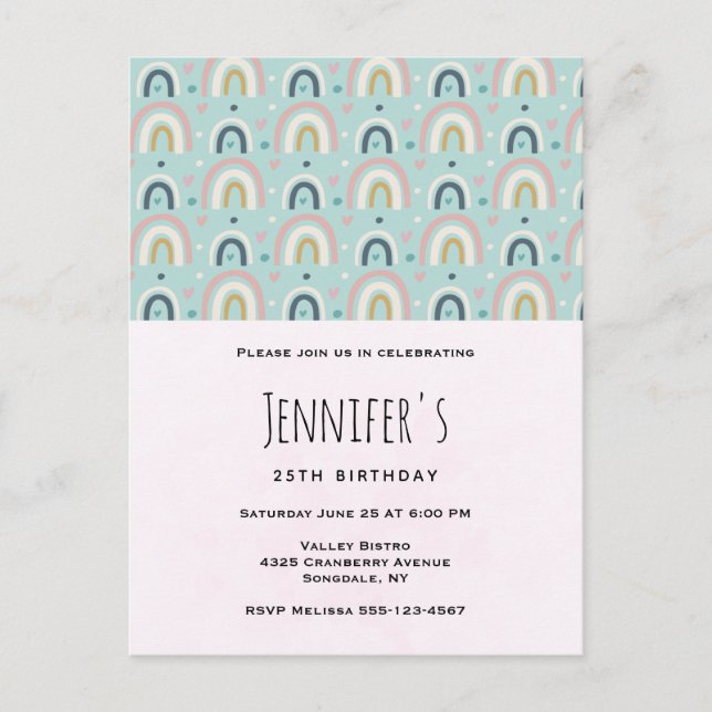 Cute Whimsical Rainbow Pattern Birthday Invitation Postcard (Front)
