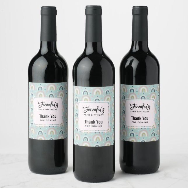 Cute Whimsical Rainbow Pattern Birthday Wine Label (Bottles)