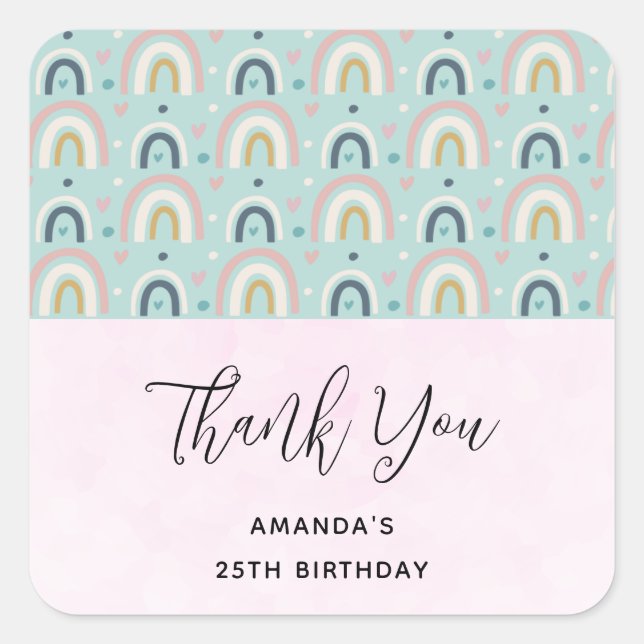 Cute Whimsical Rainbow Pattern Event Thank You Square Sticker (Front)