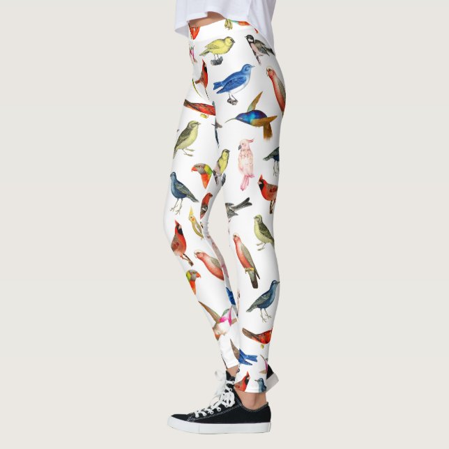 Cute whimsical red blue tropical colourful birds leggings (Left)