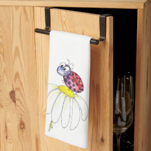 Cute Whimsical Red Ladybug on a White Flower Kitchen Towel
