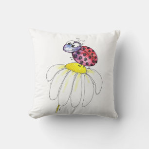 Cute Whimsical Red Ladybug on a White Flower Throw Pillow