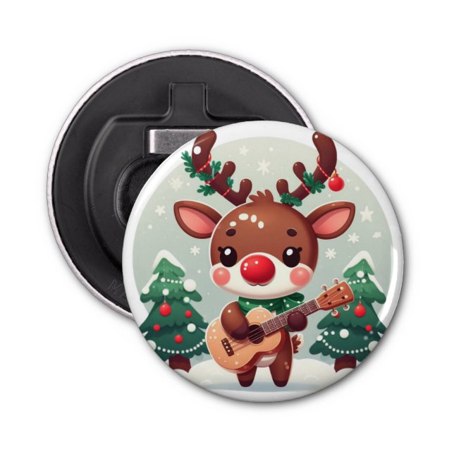 Cute Whimsical Reindeer with guitar Bottle Opener (Front)