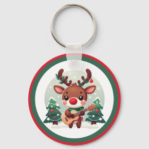 Cute Whimsical Reindeer with guitar Keychain