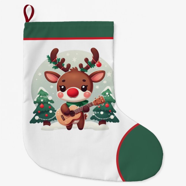 Cute Whimsical Reindeer with guitar Large Christmas Stocking (Front)
