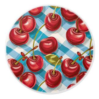 Cute Whimsical Retro Mid-Century Cherries & Plaid Ceramic Knob