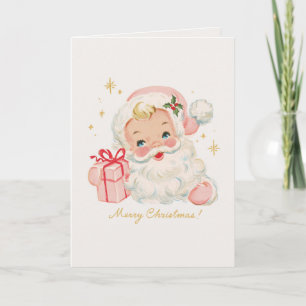 Cute Whimsical Retro Pink Santa Claus Christmas Holiday Card