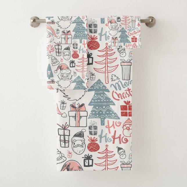 Cute Whimsical Santa Christmas Tree Pattern Pink Bath Towel Set (Insitu)