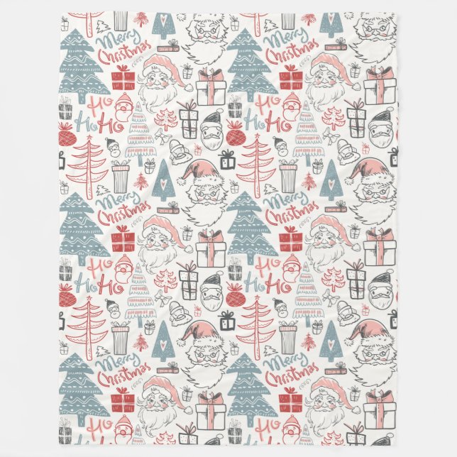 Cute Whimsical Santa Christmas Tree Pattern Pink Fleece Blanket (Front)