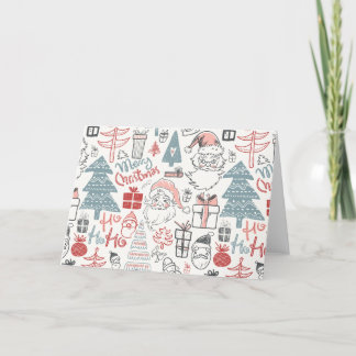 Cute Whimsical Santa Christmas Tree Pattern Pink Holiday Card