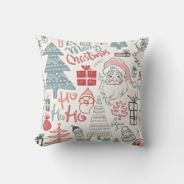 Cute Whimsical Santa Christmas Tree Pattern Pink Throw Pillow (Front)