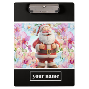 Cute Whimsical Santa Claus with Floral Clipboard