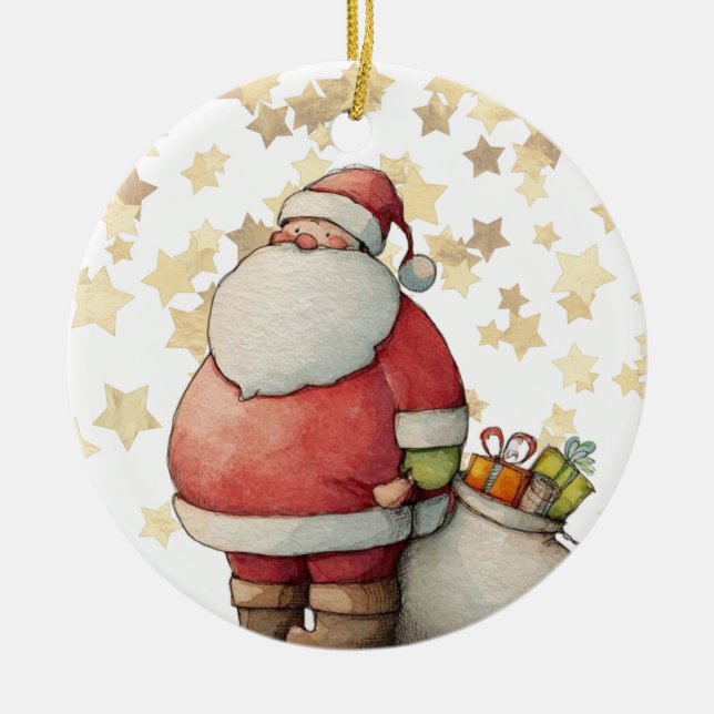 Cute Whimsical Santa Claus with star Ceramic Ornament (Front)