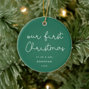 Cute whimsical script Our First Christmas photo Ceramic Ornament