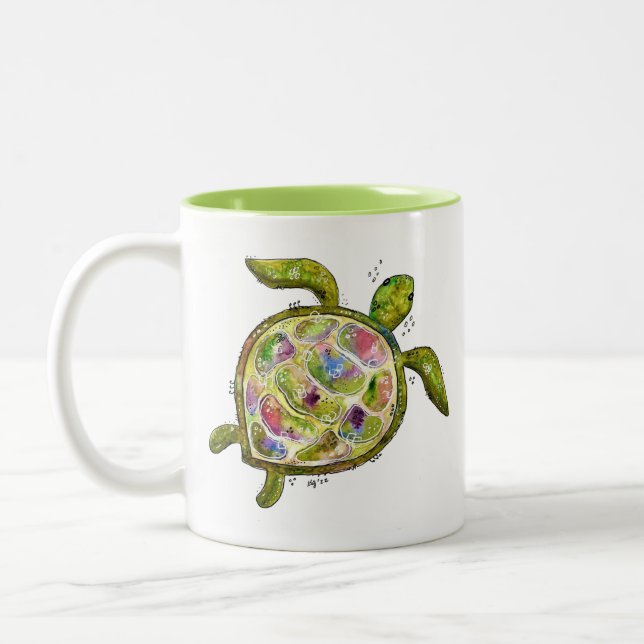 Cute Whimsical Sea Turtle Two-Tone Coffee Mug (Left)
