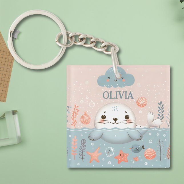 Cute Whimsical Seal Pup Personalized Keychain (Creator Uploaded)