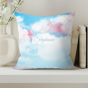 Cute Whimsical Sky Pink and Blue Clouds  Throw Pillow