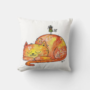 Cute Whimsical Sleeping Cat Throw Pillow