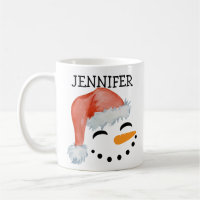 Cute Whimsical Smiling Snowman Face Santa Hat Name