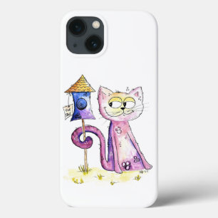 Cute Whimsical Sneaky Cat with Birdhouse iPhone 13 Case