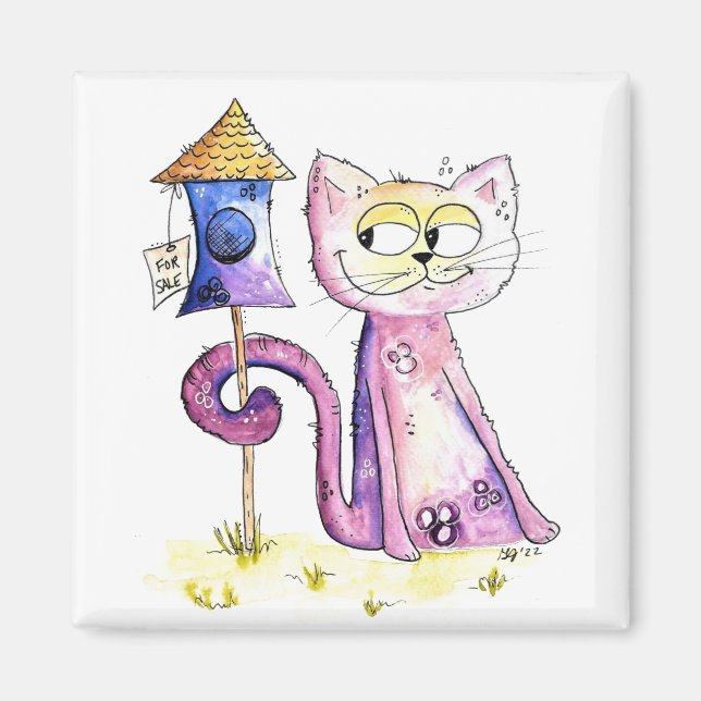 Cute Whimsical Sneaky Cat with Birdhouse Magnet (Front)