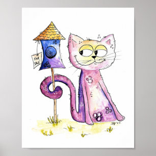 Cute Whimsical Sneaky Cat with Birdhouse Poster