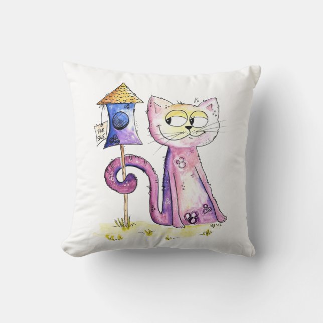 Cute Whimsical Sneaky Cat with Birdhouse Throw Pillow (Front)