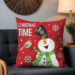 Cute Whimsical Snowman Christmas Time Holidays Throw Pillow<br><div class="desc">Cute Whimsical Snowman Christmas Time Holidays Throw Pillows Cushions features a cute whimsical snowman with a bird on his hand and the text "Christmas Time" in modern typography. Perfect for festive Christmas holiday decor and gifts for family and friends. Designed by ©2024 Evco Studio www.zazzle.com/store/evcostudio</div>