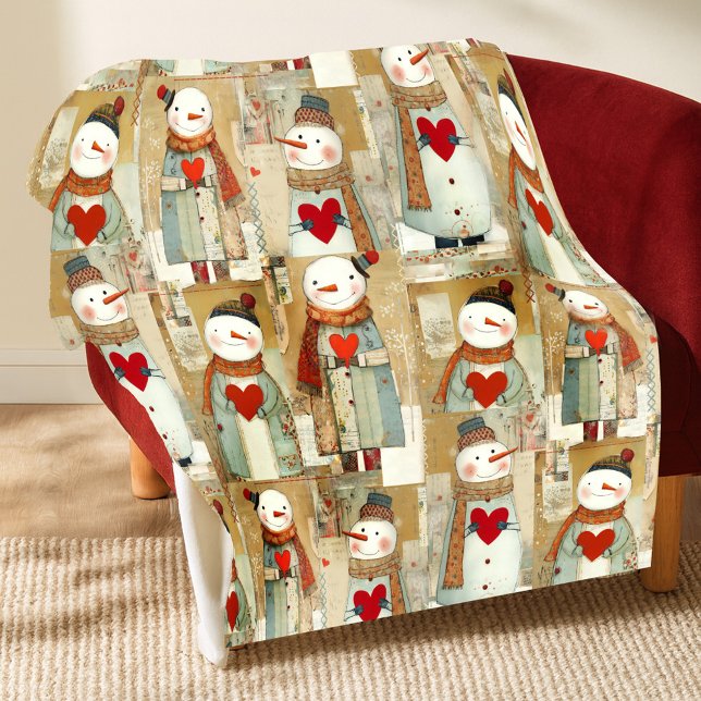 Cute Whimsical Snowman Earth Love Fleece Blanket (Cute whimsical fleece blanket in earth tones featuring illustrations of snowmen carrying hearts)